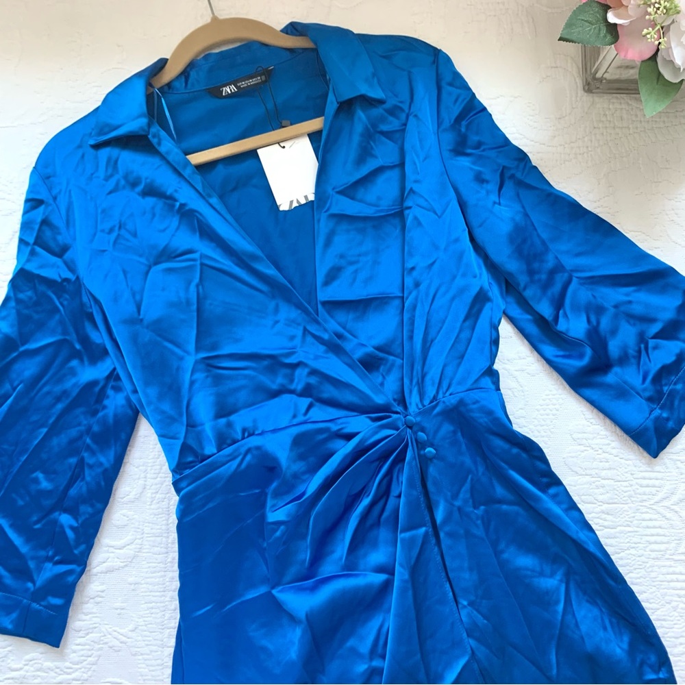 Zara Royal Blue Satin Wrap Mini Dress - Picture 5 of 16